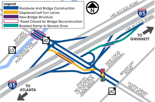 This graphic from the Georgia Department of Transportation shows the detour route during the North Druid Hills Road bridge work. The detour route will follow I-85 northbound to Exit 91, Ga. 155/Clairmont Road, and then turn onto Ga. 13/Buford Highway. The detour is about 5 miles long.