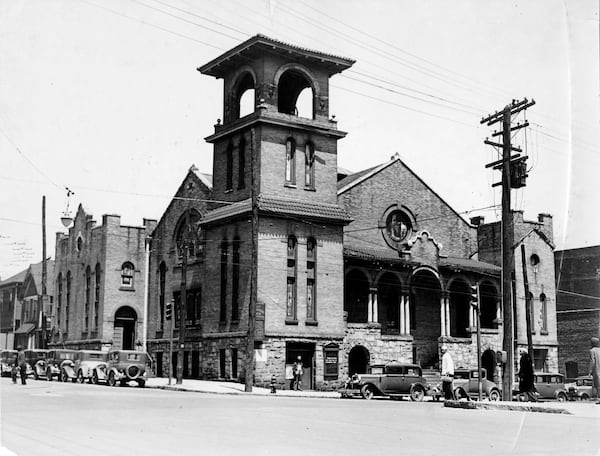 Exterior of the First Congregational Church at the corner of Courtland Street and Houston Street (now John Wesley Dobbs Avenue) in downtown Atlanta, Ga., circa 1920s. 
MANDATORY CREDIT: THE ATLANTA JOURNAL-CONSTITUTION