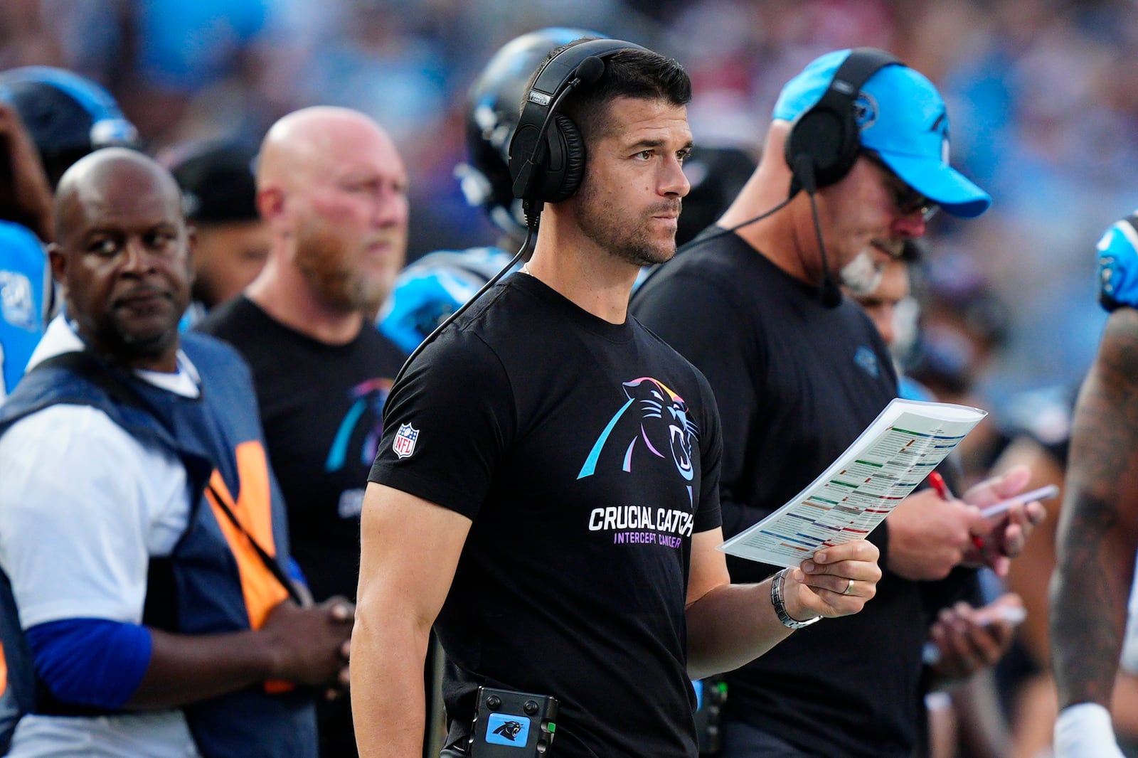 in the first half of an NFL football game against the in Charlotte, N.C., Sunday, Oct. 13, 2024. (AP Photo/Jacob Kupferman)