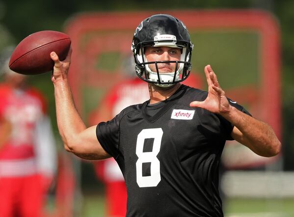  Falcons backup quarterback Matt Schaub throws a pass during the first day of training camp on Thursday, July 28, 2016, in Flowery Branch. Curtis Compton /ccompton@ajc.com