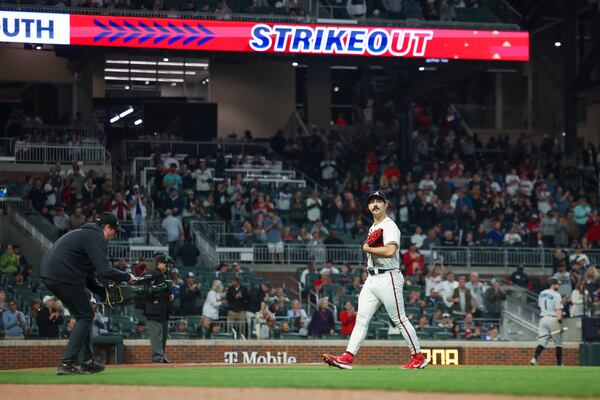 Braves starting pitcher Spencer Strider walks off of the mound after making his 13th strikeout to end the top of the eighth inning against the Miami Marlins at Truist Park, Monday, April 24, 2023, in Atlanta. Strider had 13 strikeouts and the Braves won 11-0. Jason Getz / Jason.Getz@ajc.com)