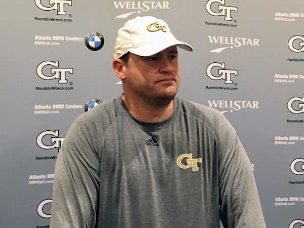 Georgia Tech offensive line coach Brent Key speaking with media after practice August 9, 2019. (AJC photo by Ken Sugiura)