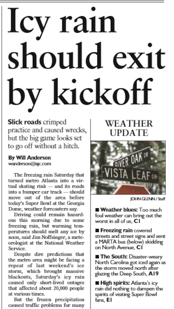 Super Bowl day in 2000. A newspaper headline reported, "Icy rain should exit by kickoff." (AJC archives)