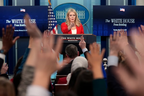 White House press secretary Karoline Leavitt speaks during a press briefing in the James Brady Press Briefing Room at the White House, Tuesday, Feb. 25, 2025, in Washington. (AP Photo/Evan Vucci)