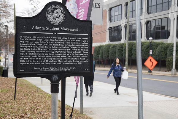 A historical marker commemorating the Atlanta Student Movement is displayed on the Morehouse College campus in Atlanta. ALYSSA POINTER / ALYSSA.POINTER@AJC.COM