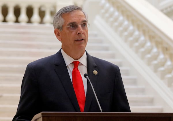 Georgia Secretary Of State Brad Raffensperger speaks during a press conference at the Georgia State Capitol on Aug. 11, 2021. (Christine Tannous/The Atlanta Journal-Constitution/TNS)