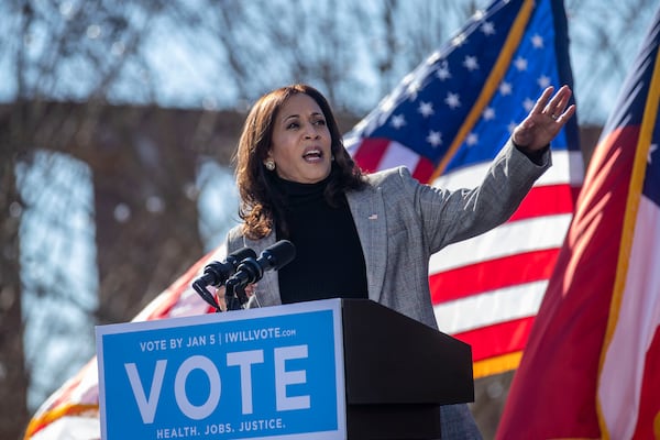 In this 2020 file photo, Vice President-elect Kamala Harris speaks during a rally in Columbus, Ga.