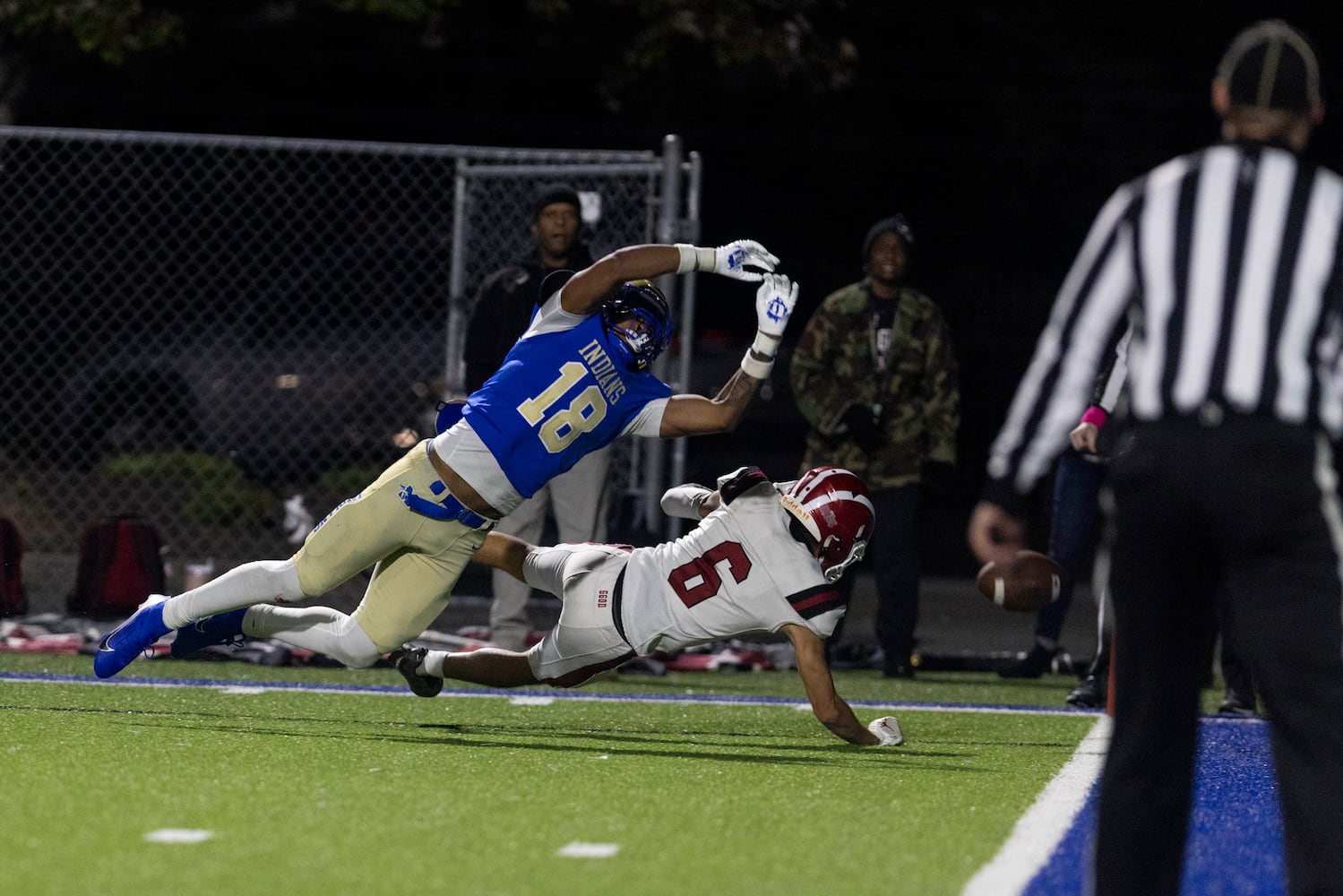 McEachern’s Nalin Scott (18) reaches for a pass during a NCAA High School football game between Hillgrove and McEachern at McEachern High School in Powder Springs, GA., on Friday, October 18, 2024. (Photo/Jenn Finch, AJC)