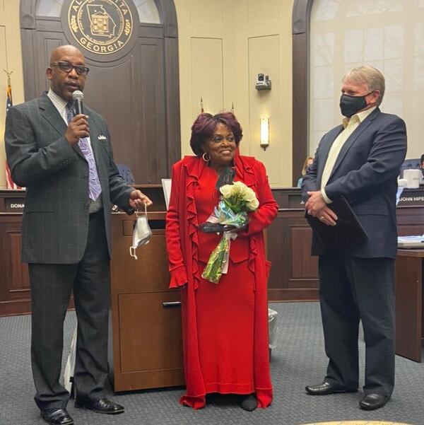 Grammy-nominated gospel singer Dorothy Norwood was honored with a proclamation by Alpharetta City Council. Alpharetta Mayor Jim Gilvin (right) said he recently learned of Norwood and her career. Photo courtesy Gene Andrews