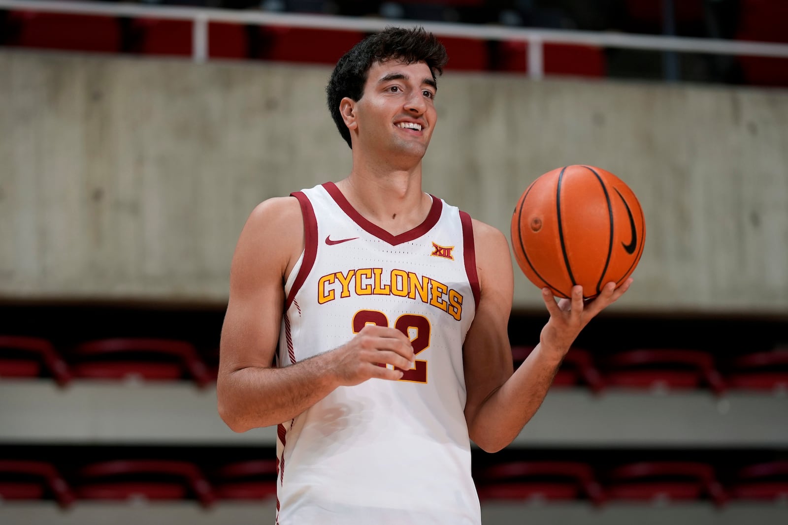 Iowa State forward Milan Momcilovic looks on during Iowa State's NCAA college basketball media day, Wednesday, Oct. 9, 2024, in Ames, Iowa. (AP Photo/Charlie Neibergall)