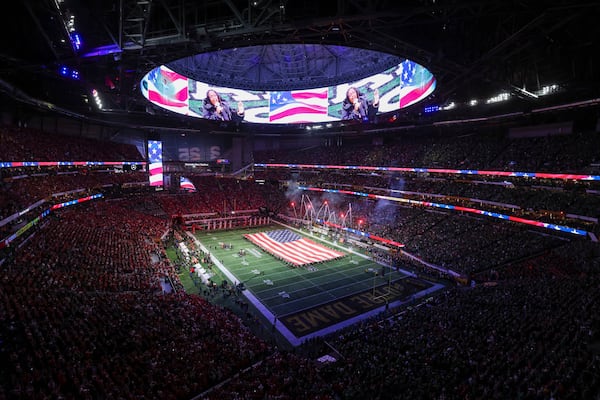 Fireworks go off during the national anthem before the 2025 National Championship between Ohio State and Notre Dame at Mercedes-Benz Stadium, Monday, Jan. 20, 2025, in Atlanta. (Jason Getz/The Atlanta Journal-Constitution/TNS)