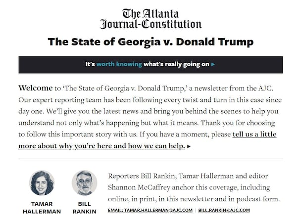 Preview of  ‘The State of Georgia v. Donald Trump,’ a newsletter from the AJC.