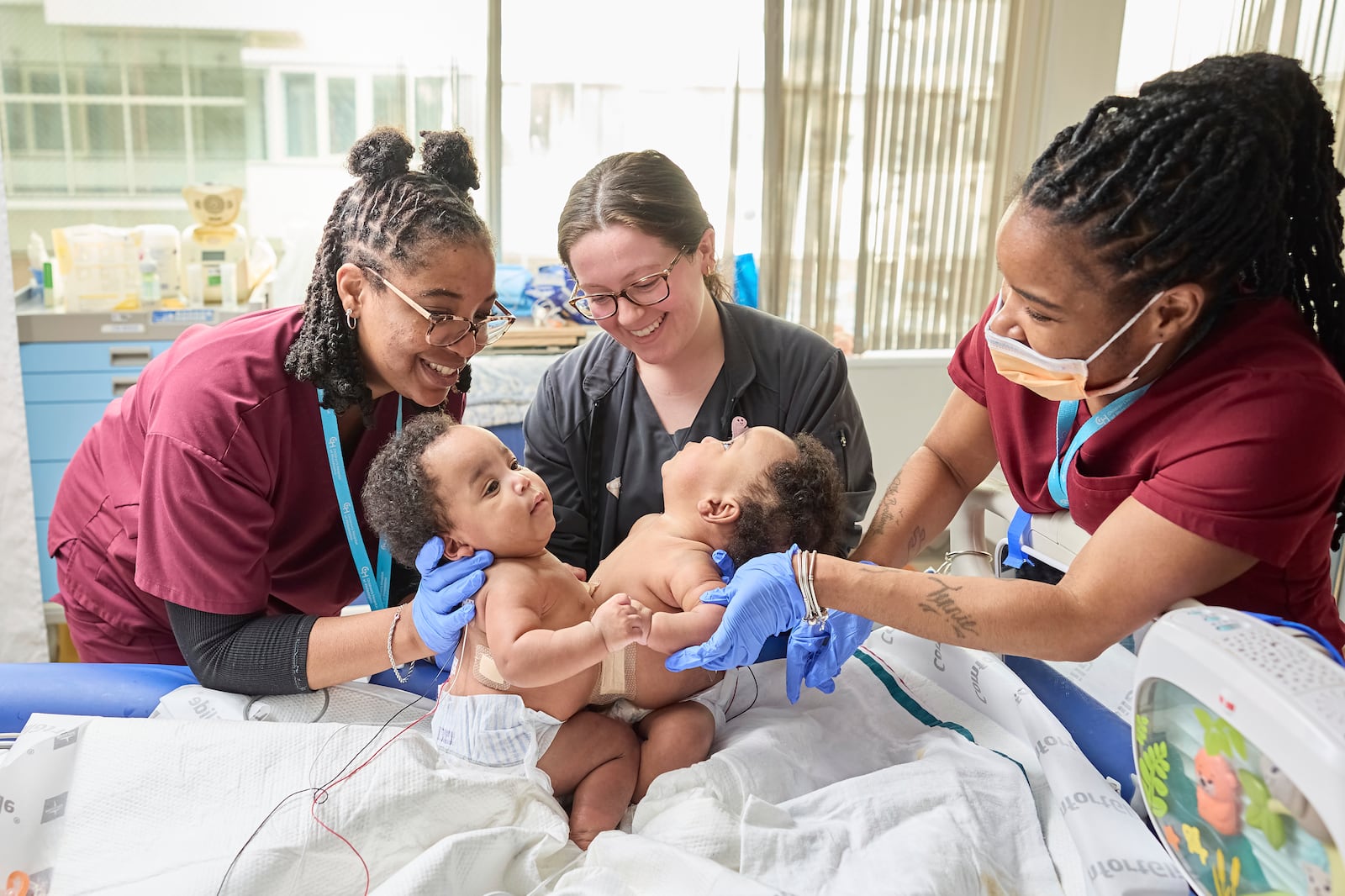 This photo provided by the Children’s Hospital of Philadelphia shows conjoined twins, Amari and Javar Ruffin, at the Children’s Hospital of Philadelphia, March 20, 2024. (Ed Cunicelli/Children’s Hospital of Philadelphia via AP)