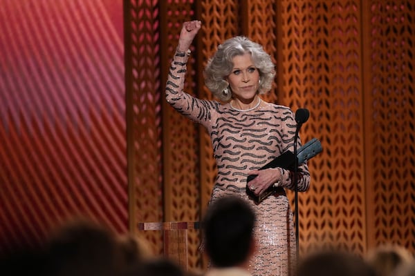 Jane Fonda accepts the lifetime achievement award during the 31st annual Screen Actors Guild Awards on Sunday, Feb. 23, 2025, at the Shrine Auditorium in Los Angeles. (AP Photo/Chris Pizzello)