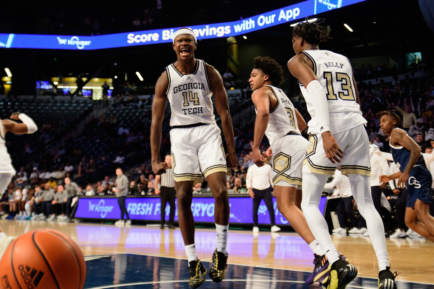 Tech's Kowacie Reeves gets fired up during the win. (Jamie Spaar for the Atlanta Journal Constitution)