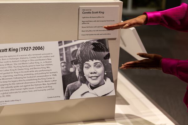 A picture of Coretta Scott King wearing an iconic hat appears in the “Hats of the King Family Women” exhibit now on display at the Atlanta History Center. (Arvin Temkar/AJC)