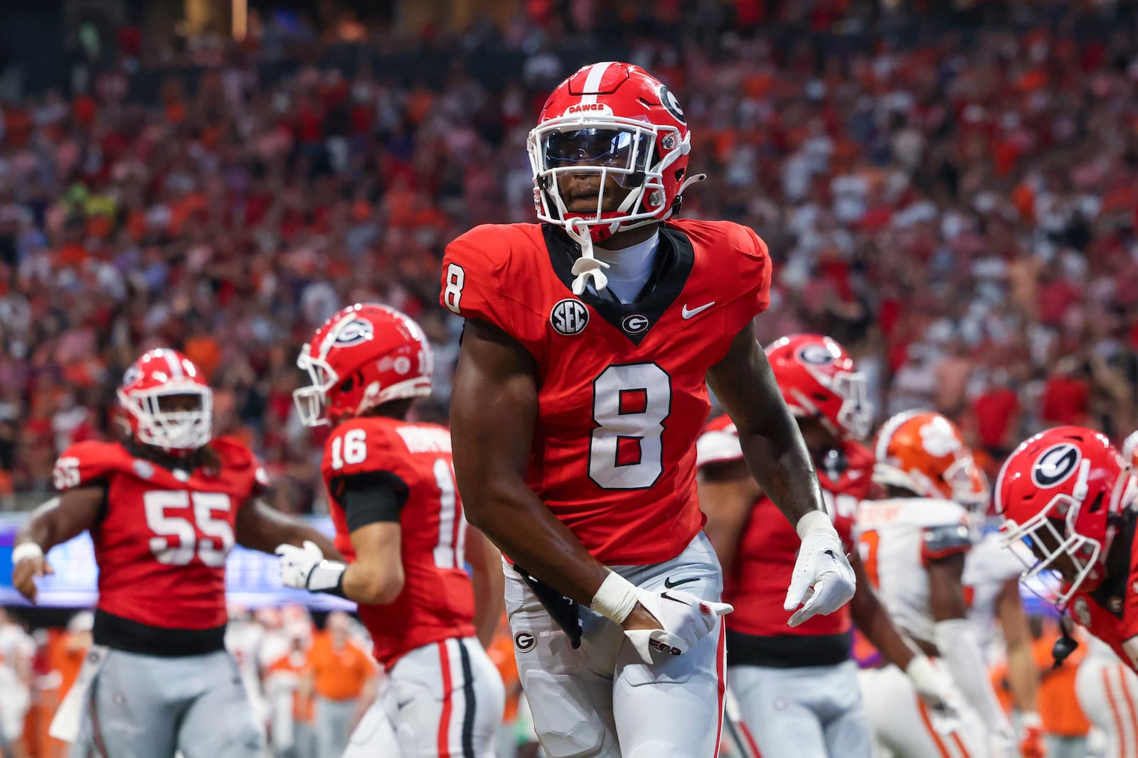 Georgia wide receiver Colbie Young celebrates during the team's win over Clemson.