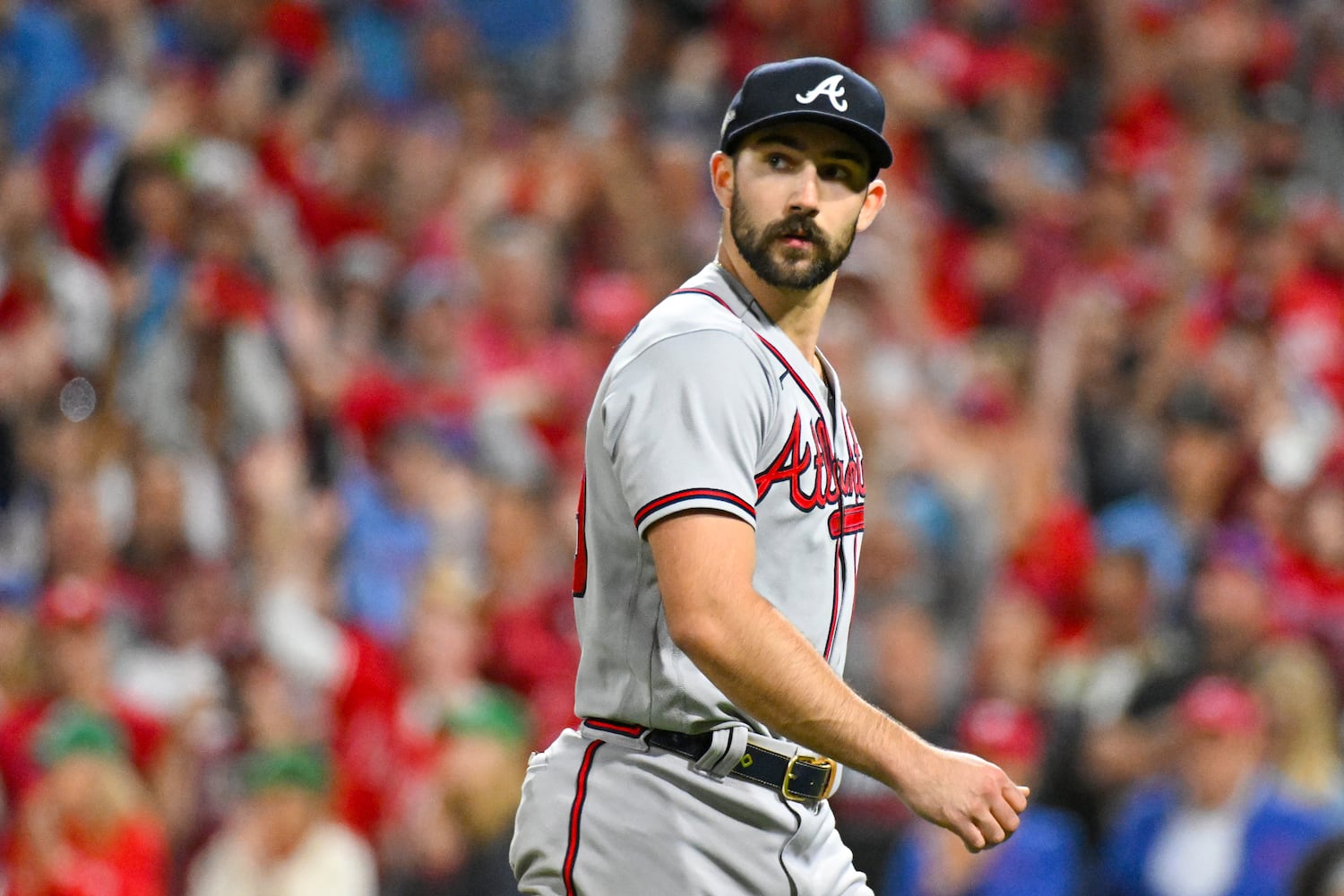 Atlanta Braves’ pitcher Spencer Strider exits the game during the sixth inning after giving up three solo home runs to the Philadelphia Phillies in NLDS Game 4 at Citizens Bank Park in Philadelphia on Thursday, Oct. 12, 2023.   (Hyosub Shin / Hyosub.Shin@ajc.com)