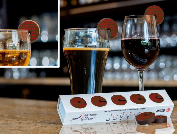 Atlanta-imprinted chocolate discs that fit comfortably on the rim of most glasses or drink ware and imprinted Atlanta and the opposing teams (or you can just stick with all Atlanta chocolate discs) and festive football designs.