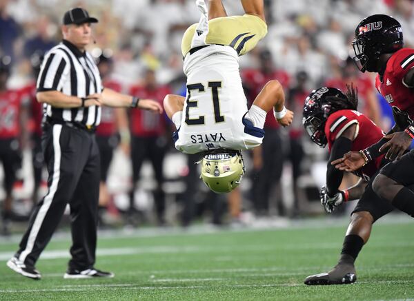 Georgia Tech's quarterback Jordan Yates (13) flips during the first half of an NCAA college football game at Georgia Tech's Bobby Dodd Stadium in Atlanta on Saturday, September 4, 2021. (Hyosub Shin / Hyosub.Shin@ajc.com)