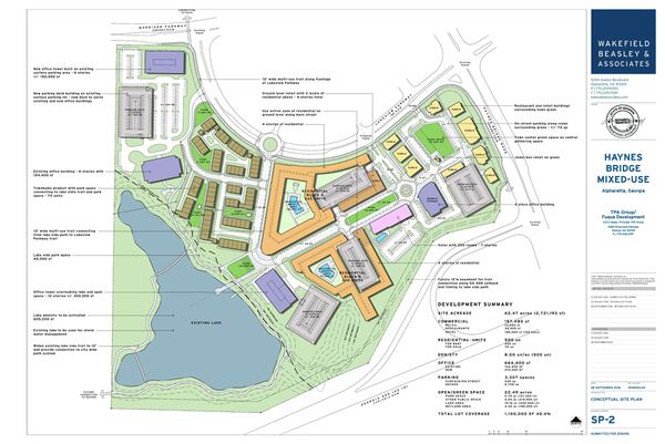 Site plan depicts offices, restaurants, shopping and 500 residential units proposed for a 62.5-acre mixed-use development at Ga. 400 and Haynes Bridge Road in Alpharetta. FUQUA DEVELOPMENT/TPA GROUP