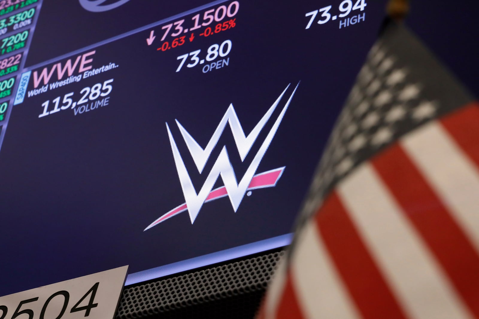 The logo for World Wrestling Entertainment, WWE, appears above a trading post on the floor of the New York Stock Exchange, Sept. 13, 2019. (AP Photo/Richard Drew)