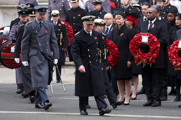 Front from left, Prince William, Prince of Wales, King Charles III and Anne, Princess Royal walk during the National Service of Remembrance at The Cenotaph in London, England, Sunday, Nov. 10, 2024. (Photo by Chris Jackson/Pool Photo via AP)