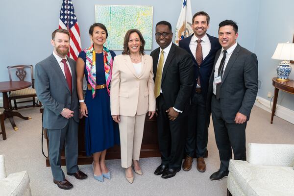 Vice President Kamala Harris poses for a photo with small business owners during National Small Business Week, Monday, May 1, 2023, in her West Wing Office at the White House. Ken Taunton, CEO of The Royster Group, stands next to her on the right. (Official White House Photo by Lawrence Jackson)