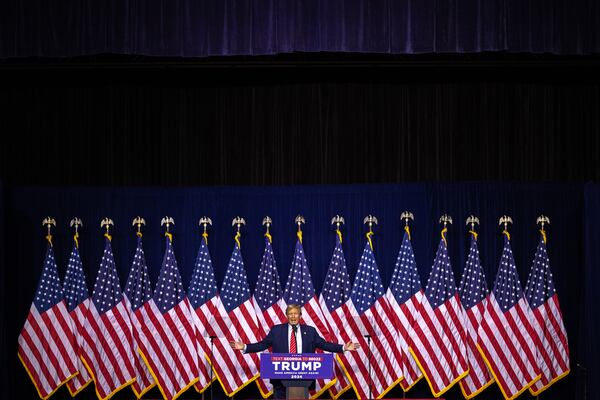 Republican presidential candidate and former president Donald Trump speaks at a campaign rally at Forum River Center in Rome on Saturday, March 9, 2024. (Arvin Temkar / arvin.temkar@ajc.com)