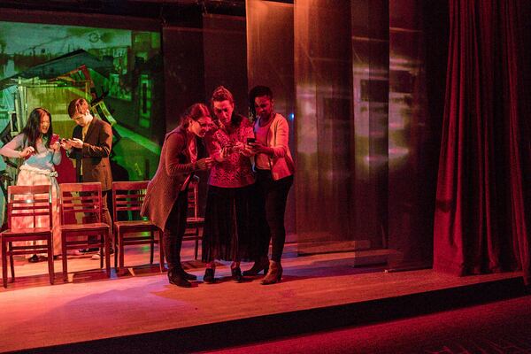 Lizzy Liu (from left, rear), Parker Fox Ciliax, Taylor Dooley, Megan Cramer and Danye Brown star in Synchronicity Theatre’s production of Jennifer Barclay’s “Ripe Frenzy,” a new play about life before and after a school shooting. CONTRIBUTED BY JERRY SIEGEL