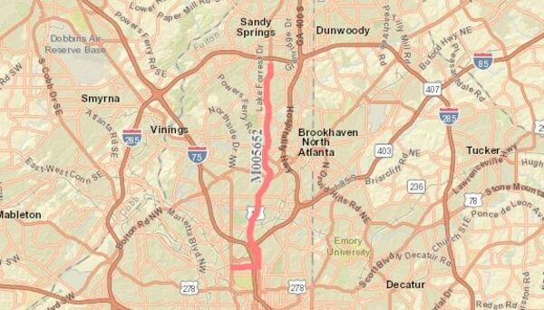 The work is part of a resurfacing and restriping project to improve Highway 9/West Peachtree Street/Peachtree Road/ Roswell Road from Northside Drive to Lake Placid Drive in Sandy Springs, according to the release.(Georgia Department of Transporation)