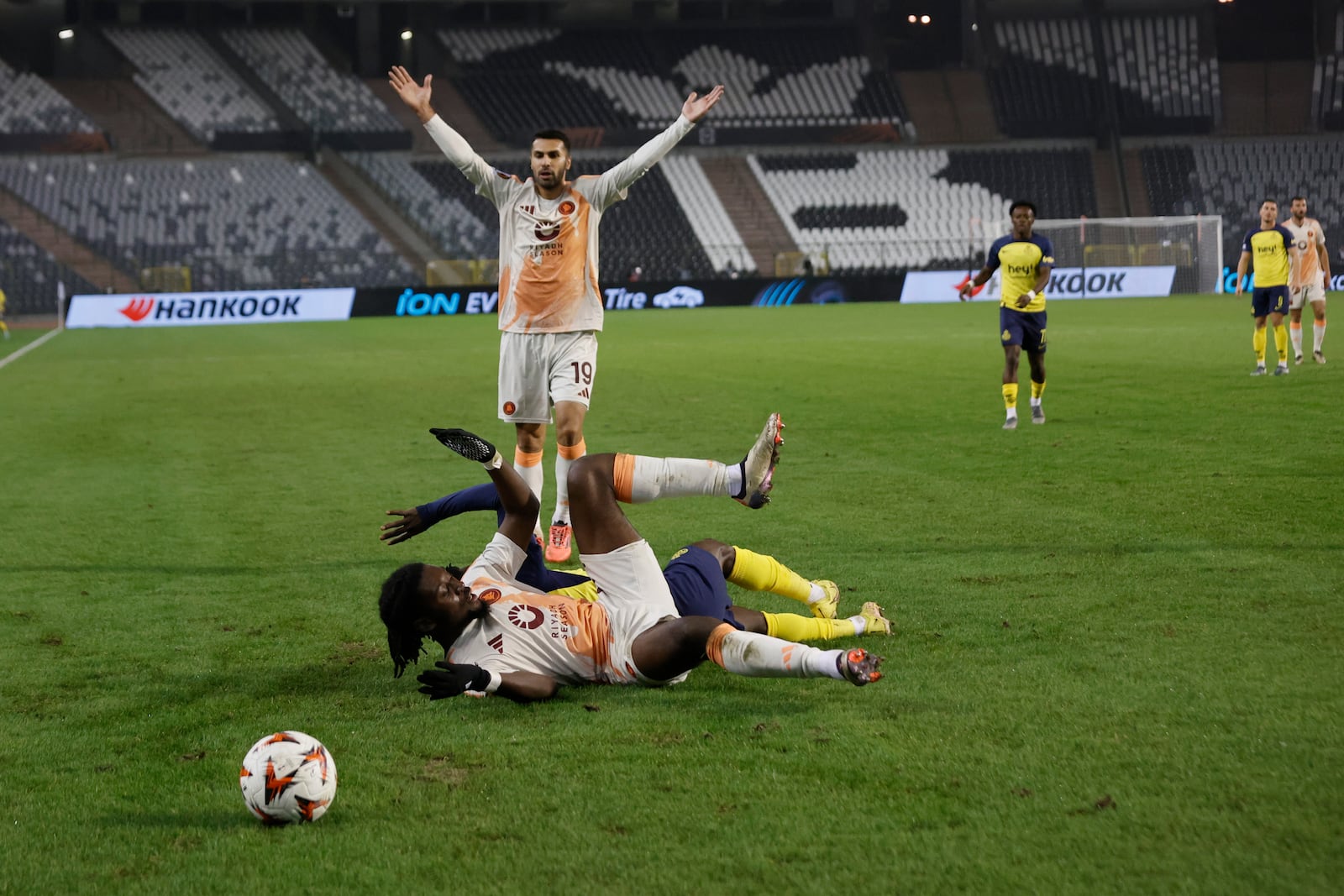 Roma's Zeki Celik center rear, reacts during the Europa League opening phase soccer match between Union SG and Roma at the King Baudouin stadium in Brussels, Thursday, Nov. 7, 2024. (AP Photo/Omar Havana)