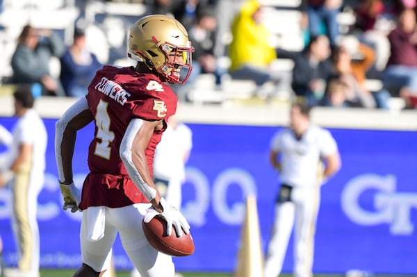 Boston wide receiver Zay Flowers (4) reacts to scoring the Eagle’s first touchdown in the first half of an NCAA college football game Saturday, Nov. 13, 2021 at Bobby Dodd Stadium  (Daniel Varnado/ For the Atlanta Journal-Constitution)