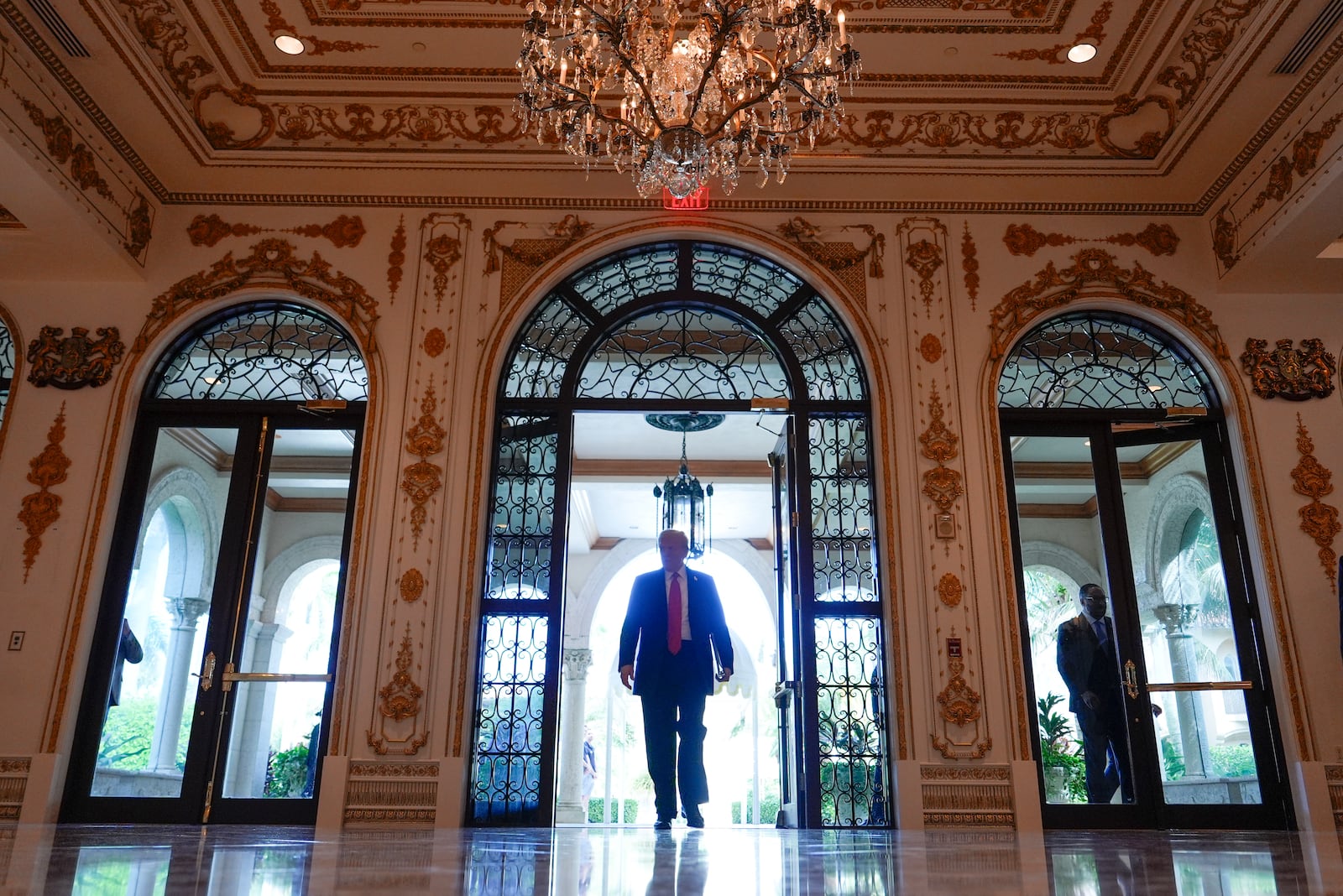 Republican presidential nominee former President Donald Trump arrives for a news conference at his Mar-a-Lago estate, Tuesday, Oct. 29, 2024, in Palm Beach, Fla. (AP Photo/Julia Demaree Nikhinson)