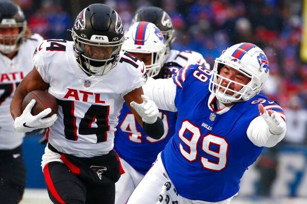 Receiver Russell Gage (14) came on strong toward the end of last season. But he may receive a lucrative offer on the open market that would be difficult for the Falcons to match. (AP Photo/Jeffrey T. Barnes)