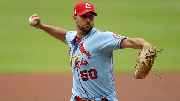 St. Louis Cardinals pitcher Adam Wainwright works against the Atlanta Braves in the first inning of the first game of a doubleheader Sunday, June 19, 2021, at Truist Park in Atlanta. (Ben Margot/AP)