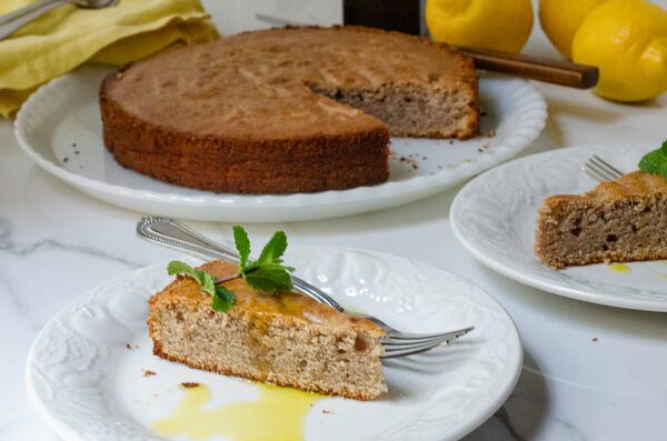 Vegan Lemon Olive Oil Cornmeal Cake is rich and fruity, a sophisticated dessert. 
(Virginia Willis for The Atlanta Journal-Constitution)