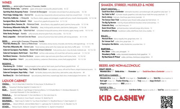 Kid Cashew menu