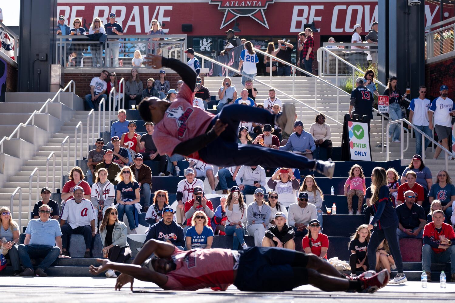 The ATL Breakers perform for Braves fans at the Battery before game one of the National League Division Series in Atlanta on Saturday, Oct. 7, 2023.   (Ben Gray / Ben@BenGray.com)