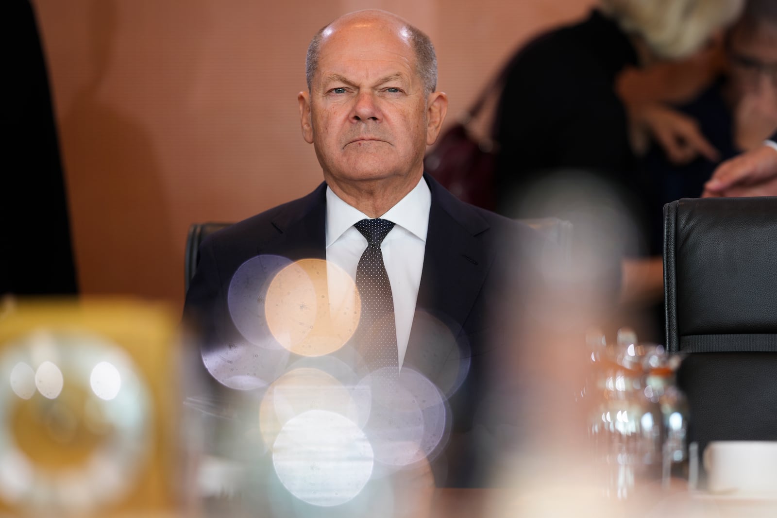 German Chancellor Olaf Scholz arrives for the cabinet meeting of the government at the chancellery in Berlin, Germany, Wednesday, Oct. 9, 2024. (AP Photo/Markus Schreiber)