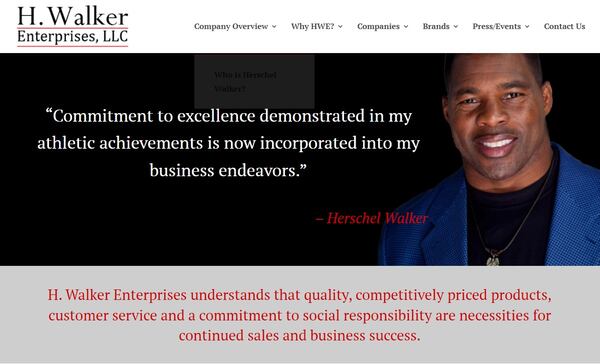 The landing page for H. Walker Enterprises website, a company owned by Herschel Walker. The company’s website lists a range of experience and services offered, including food supply and services, staffing services, janitorial services, textile fabrication, security services and promotional merchandise.