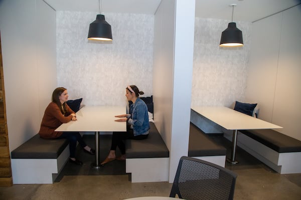 Hannah Doksansky (left ) & Laura Hall chat in the break room at Crisp, Inc. in Atlanta. For the Top Workplace small company category. PHIL SKINNER FOR THE ATLANTA JOURNAL-CONSTITUTION.