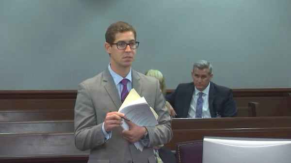 Defense attorney Carlos Rodriguez voices his concerns to Judge Mary Staley Clark over the prosecution's use of a 3-D animation of Justin Ross Harris' SUV, during Harris' murder trial at the Glynn County Courthouse in Brunswick, Ga., on Wednesday, Oct. 26, 2016. (screen capture via WSB-TV)