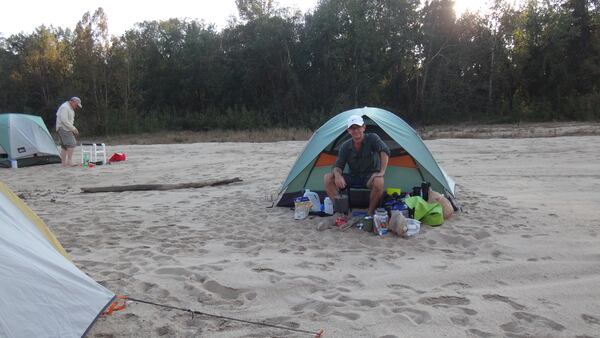 Author Gordon Johnston camps on a sandbar a dozen miles upstream of The Forks, where the Ocmulgee and Oconee rivers meet to form the Altamaha. 
Courtesy of Don Ream