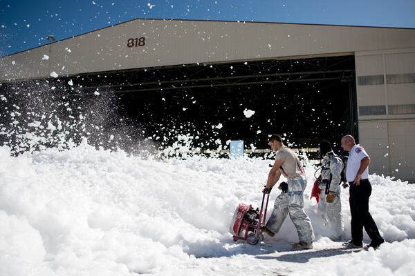 Fire-retardant foam was “unintentionally released” in an aircraft hangar at Travis Air Force Base in California on Sept. 24, 2013. “The non-hazardous foam is similar to dish soap,” says the Defense Visual Information Distribution Service. “No people or aircraft were harmed in the incident.” (Ken Wright/U.S. Air Force)