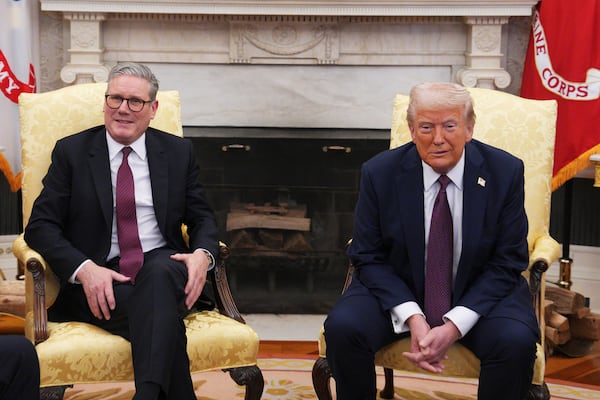 President Donald Trump meets with British Prime Minister Keir Starmer, left, at the White House, Thursday, Feb. 27, 2025, in Washington. (Carl Court/Pool via AP)