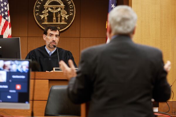 Judge Robert McBurney listens to remarks from defense attorney Don Samuel during Tex McIver's bond hearing Friday, October 7, 2022. (Natrice Miller/natrice.miller@ajc.com)  