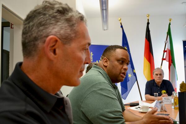 Atlanta PD's Senzer and Major Fred Watson exchange ideas about policing practices and police leadership in Germany. (Courtesy of Katja Ridderbusch)