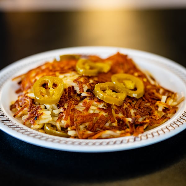 Peppered hash browns from Waffle House with jalapeno peppers.