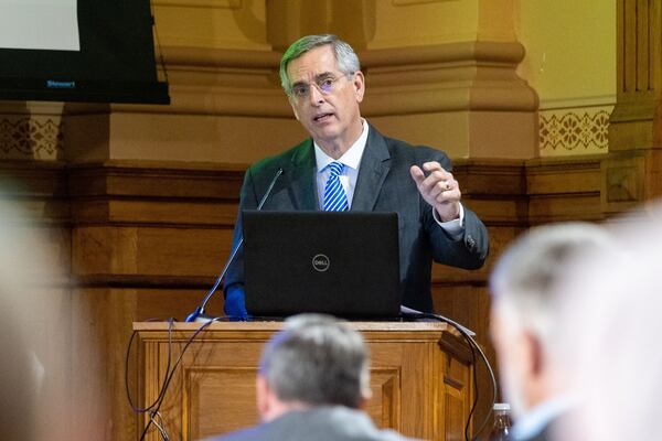 Georgia Secretary of State Brad Raffensperger presents his budget for elections during joint appropriations hearings at the Georgia State Capitol on Jan. 18, 2023, in Atlanta. (Arvin Temkar/The Atlanta Journal-Constitution/TNS)